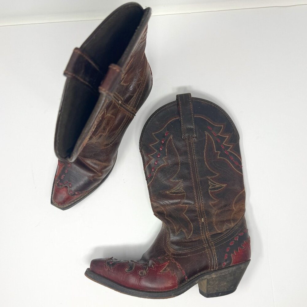 Vintage Brown Leather and Red Detail Cowboy Boots Size 6